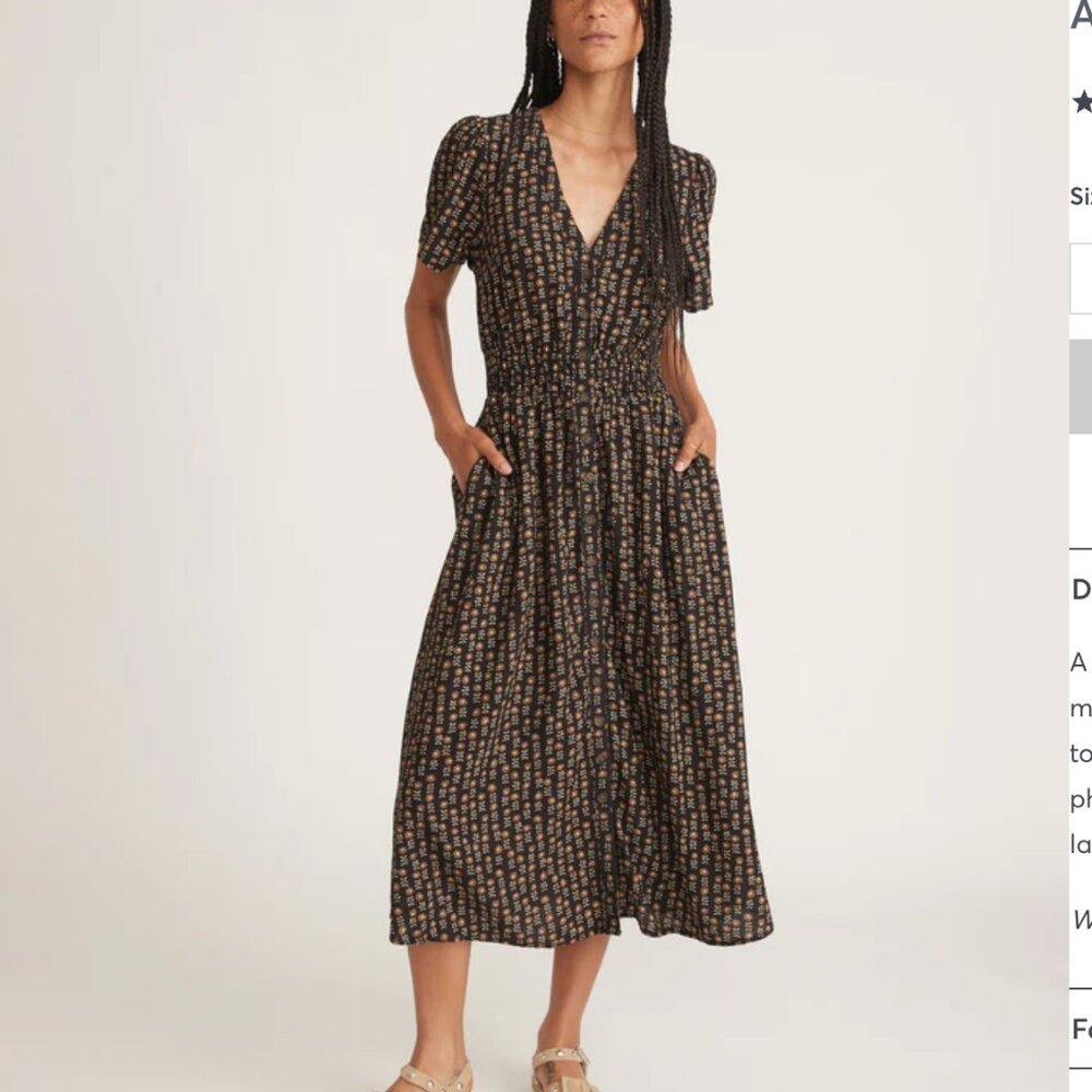 Marine Layer Annika Floral Black Tan Shirred Waist Short Sleeve Midi Dress S